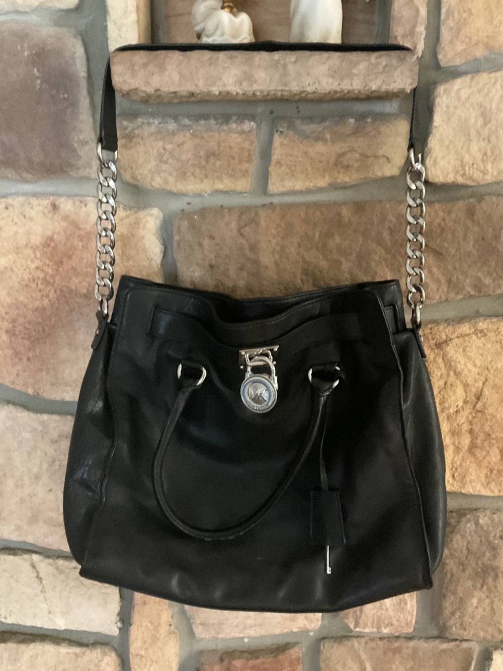 Michael Kors Black Leather Hamilton Padlock Satchel Shoulder Bag, medium size.